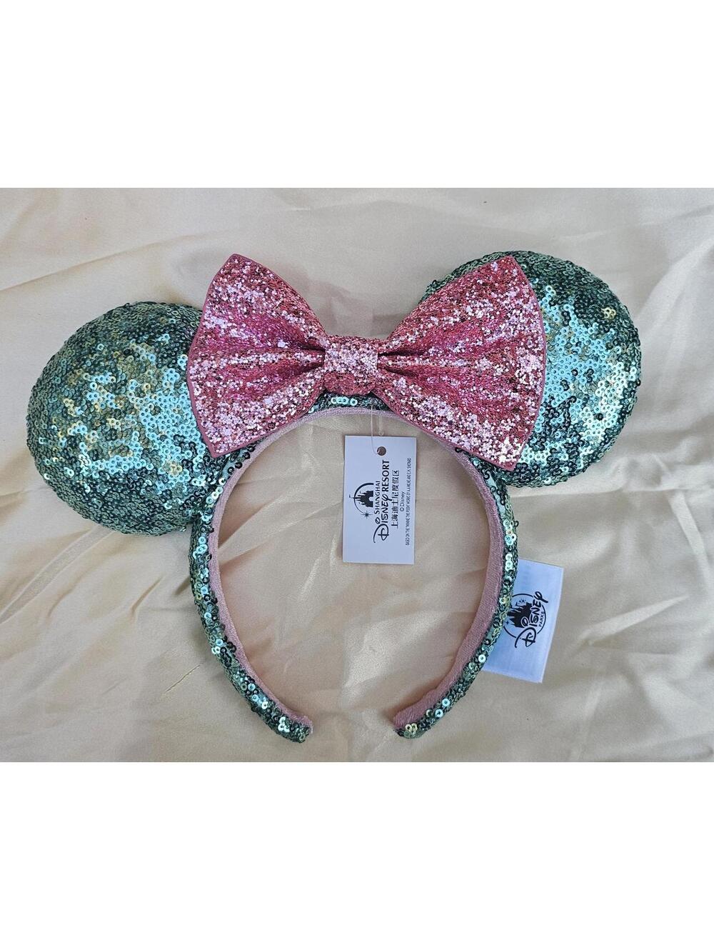 Pink Sugar Rush Bow Green Sequin Minnie Mouse Ears Glitter Headband